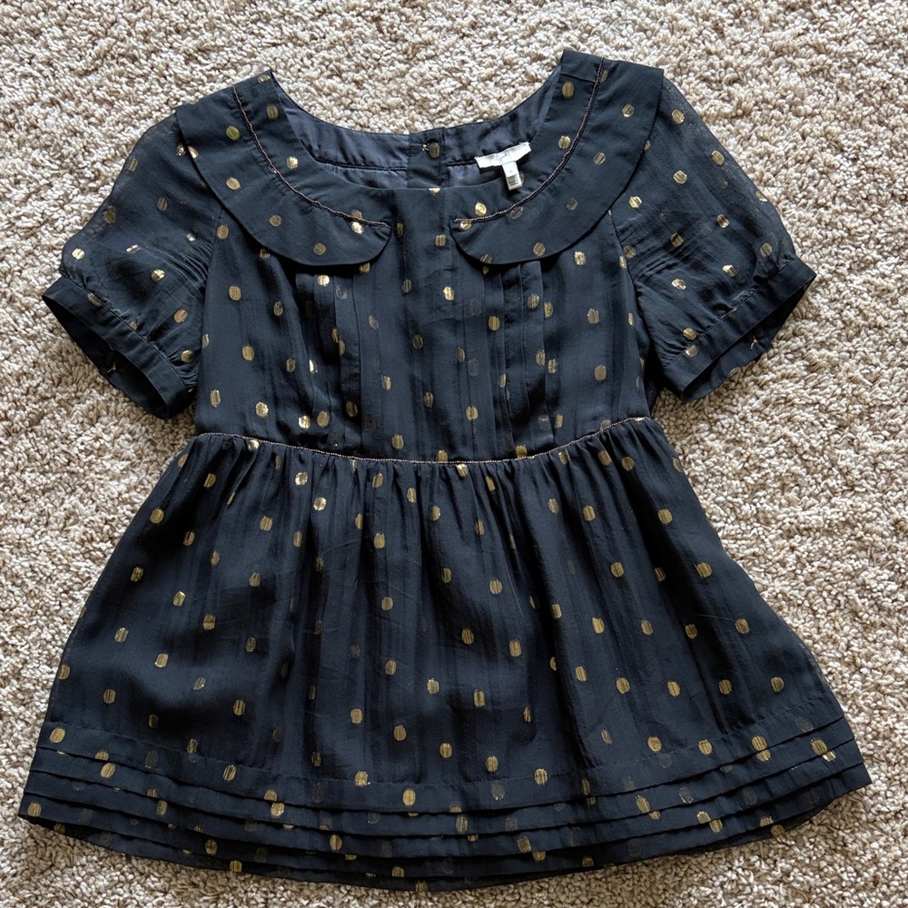Joie Black and Gold polka Dot pleated baby-doll-style women’s top Top size small